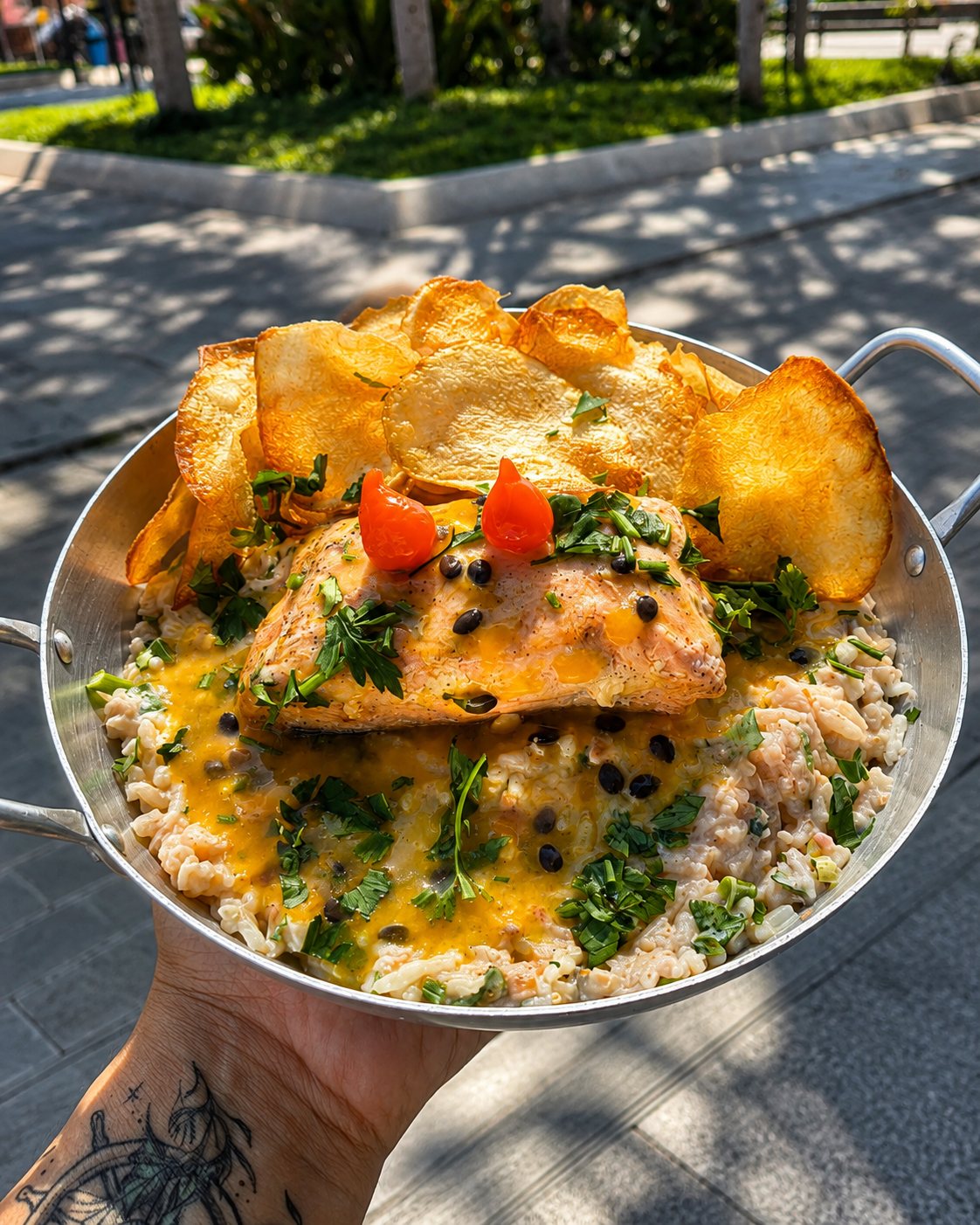 Salmão ao molho de maracujá com arroz cremoso